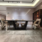 Green Veined Marble Dining Table with High-Gloss Dark Angled Pedestal and Stone Inlay Accents